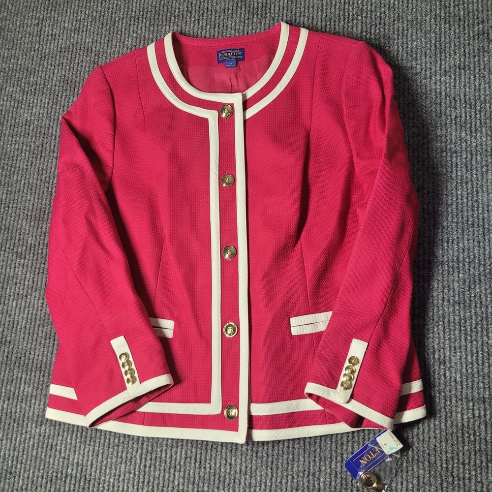 NWT PENDLETON Jacket Sz M Raspberry Pink White Cotton Trim‎ Woven Fabric
